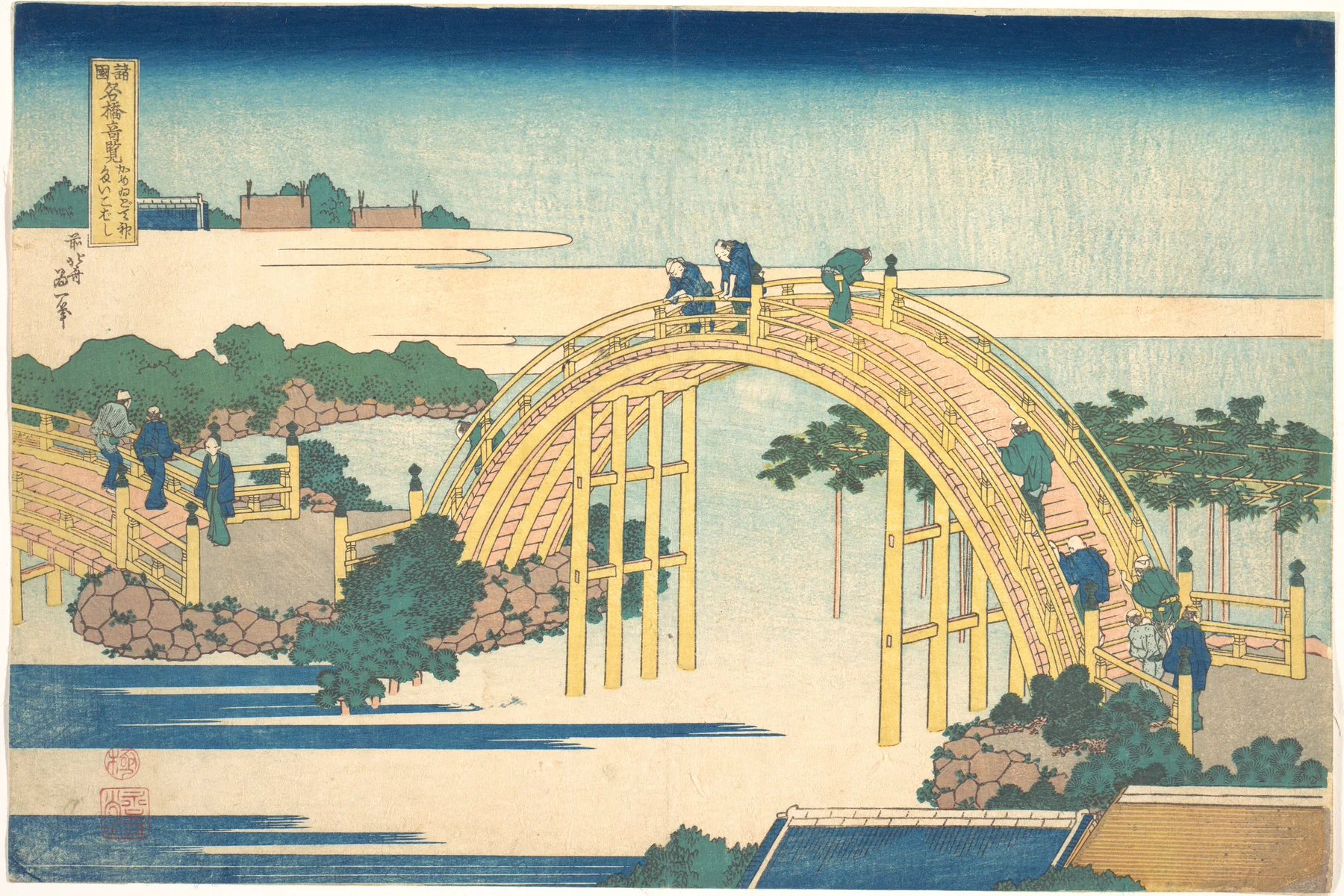 Puente arqueado sobre el jardín del santuario Kameido Tenjin, estampa de Hokusai
